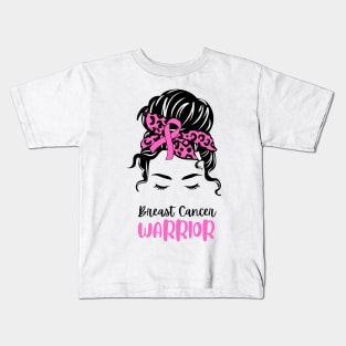 Pink Illustration Woman Messy Bun Breast Cancer Warrior Quote T-shirt Kids T-Shirt